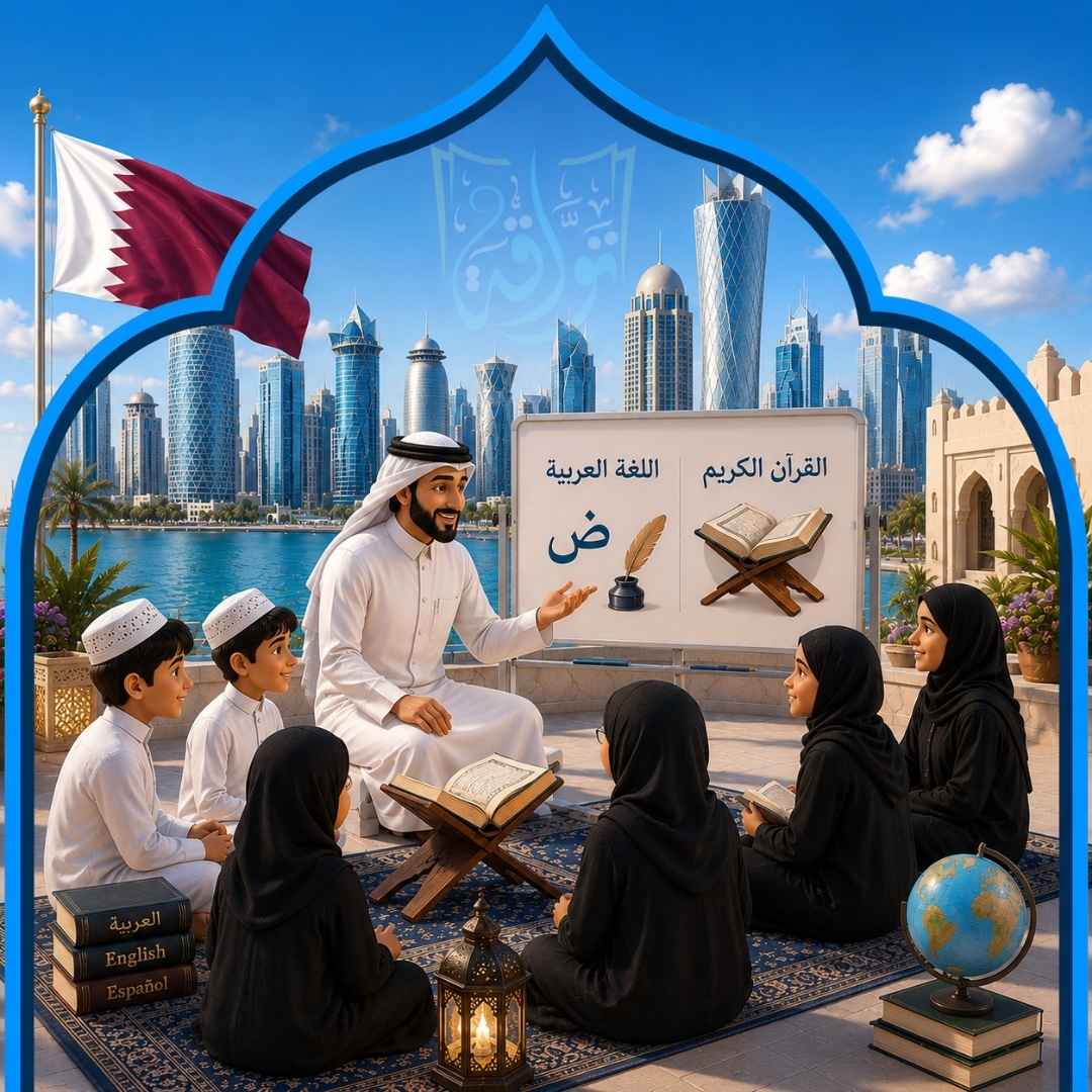 معلم يدرس القرآن واللغة العربية لأطفال في قطر، مع خلفية لأبراج الدوحة وكتب بثلاث لغات من منصة تواقة.