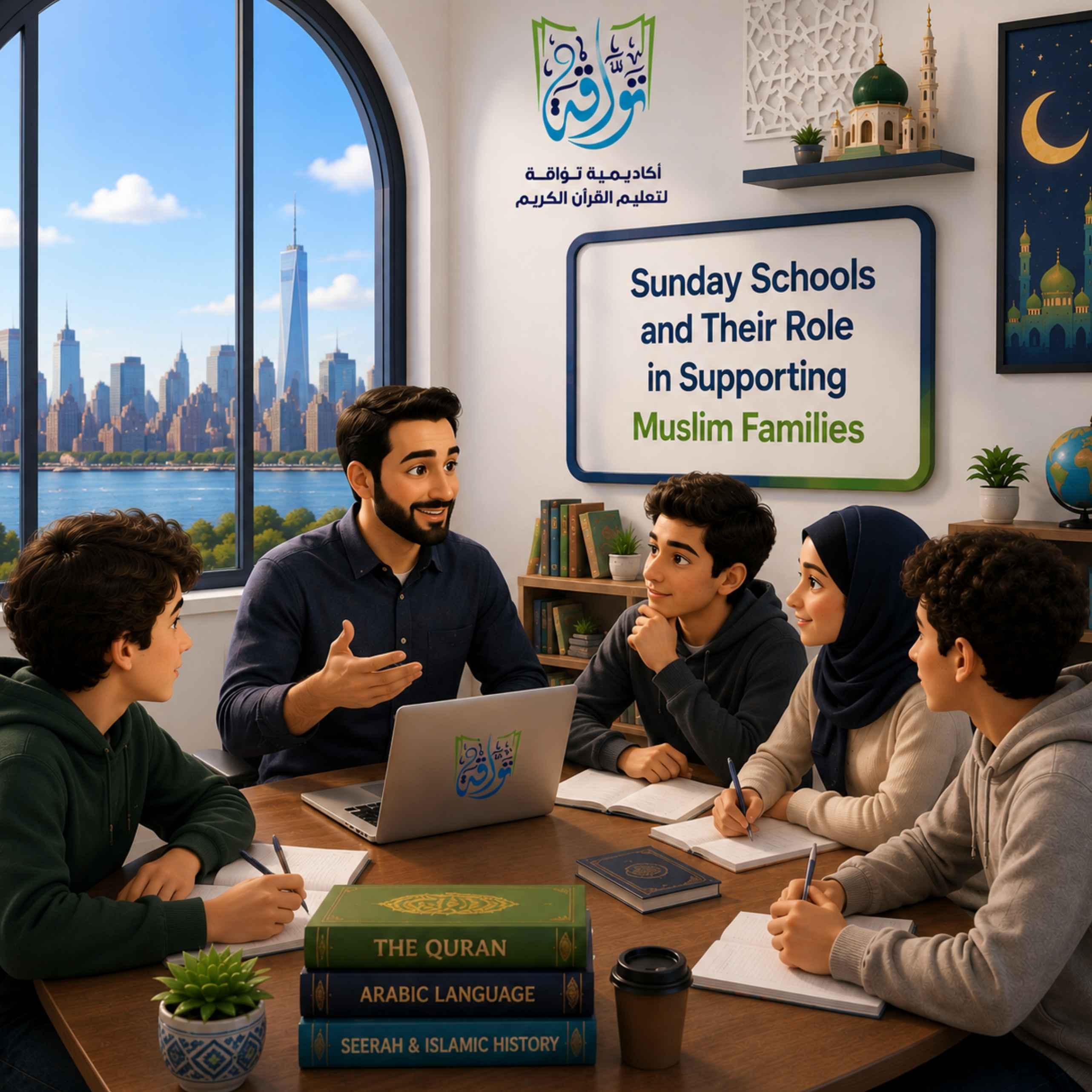 معلم في يشرح لطلاب مسلمين درس من احددروس القرآن الكريم أو اللغة العربية أو احد العلوم الإسلامية في مدارس الأحد.